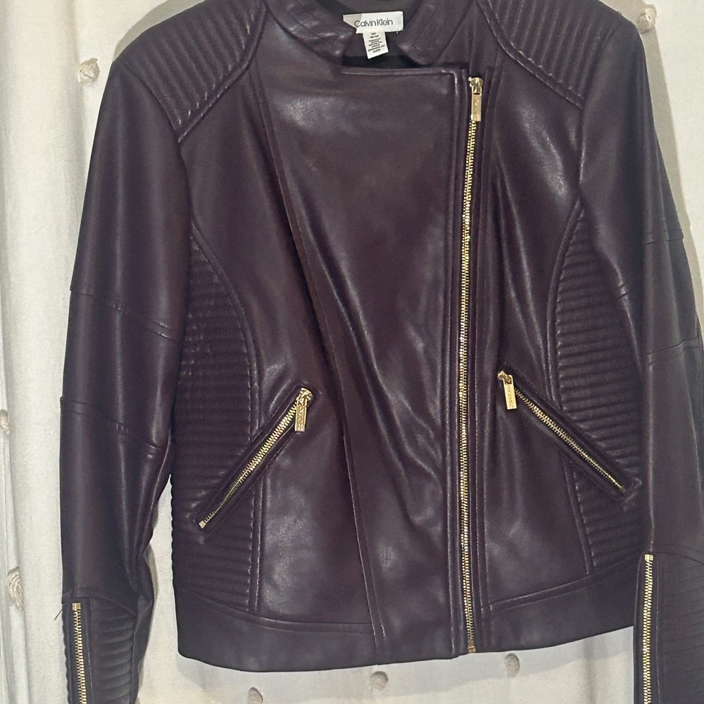 Calvin Klein Deep Purple Leather Jacket with Gold Accents size Medium